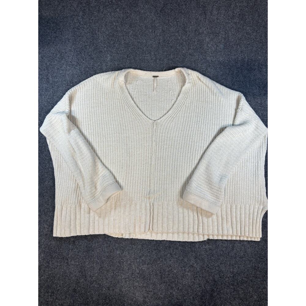 Free People We The Free V-Neck Ivory Cable Knit Sweater Oversized Size XS